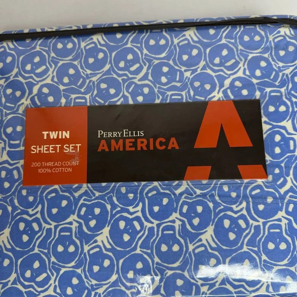 Perry Ellis American Twin Skull Sheet Set 200 Thread Count Blue/White New Rare‎